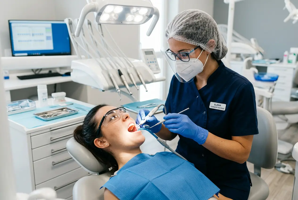 Igienista dentale durante una seduta di igiene dentale professionale presso lo Studio Odontoiatrico Stere di Lecce