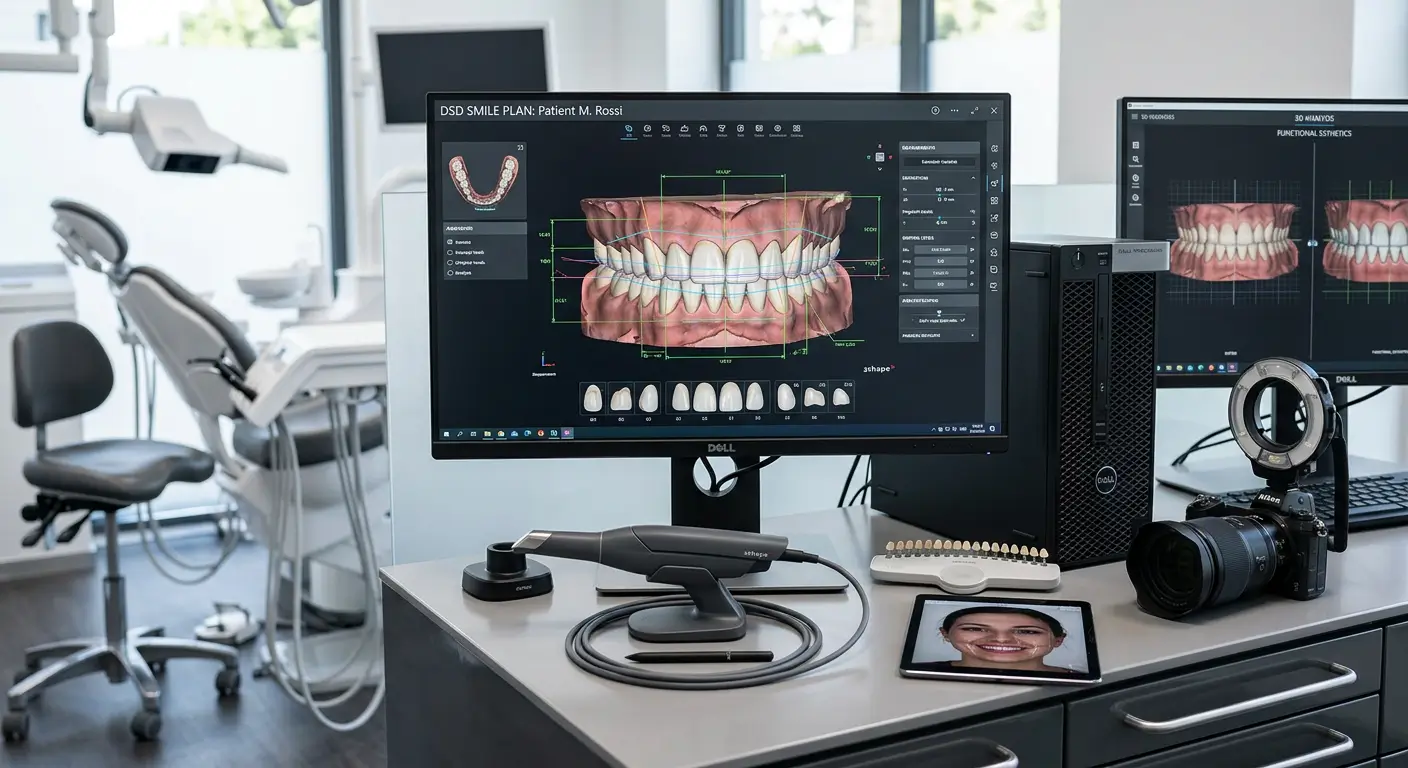 Odontoiatra che mostra la simulazione digitale del sorriso su schermo con software Digital Smile Design presso lo Studio Odontoiatrico Stere di Lecce