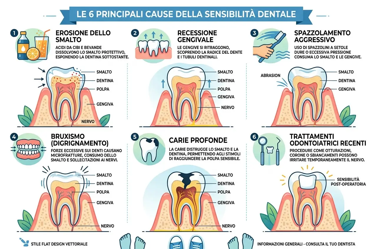 Infografica delle principali cause della sensibilità dentale presso lo Studio Odontoiatrico Stere di Lecce: erosione dello smalto, recessione gengivale, spazzolamento aggressivo, bruxismo, carie e trattamenti odontoiatrici recenti, con sezioni anatomiche del dente