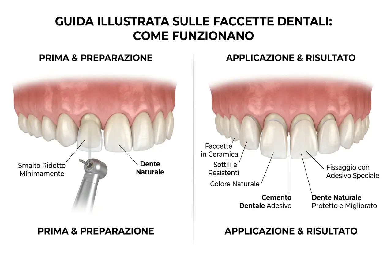 Guida illustrata sul funzionamento delle faccette dentali in ceramica: preparazione dello smalto e applicazione con cemento adesivo presso lo Studio Odontoiatrico Stere di Lecce
