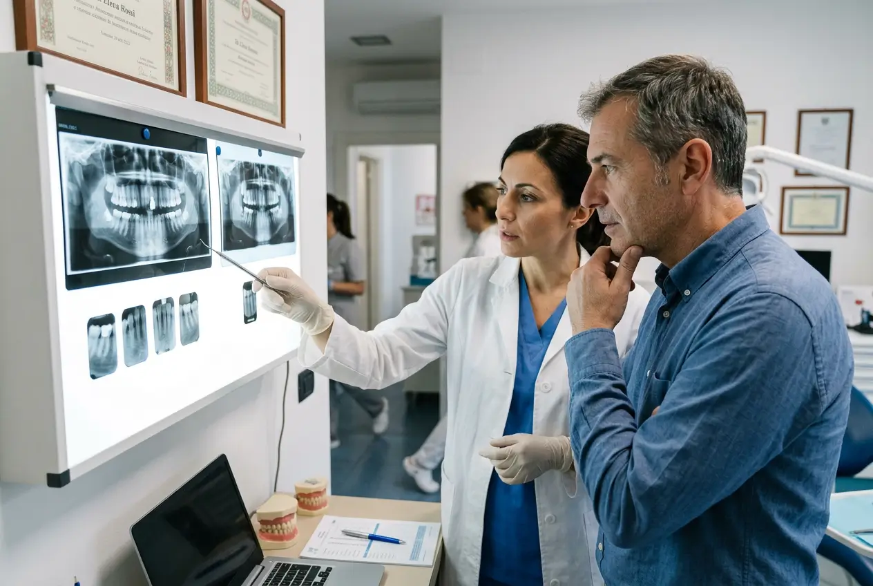 Odontoiatra of Studio Stere di Lecce that illustrates to the patient the panoramic X-ray for the evaluation of dental reconstruction
