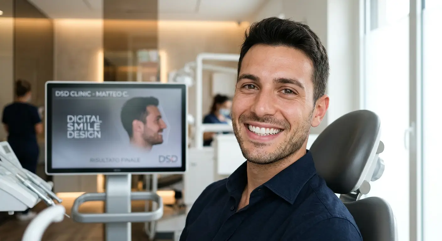 Paziente soddisfatto sorride dopo valutazione estetica con Digital Smile Design presso Studio Stere, studio dentistico a Lecce
