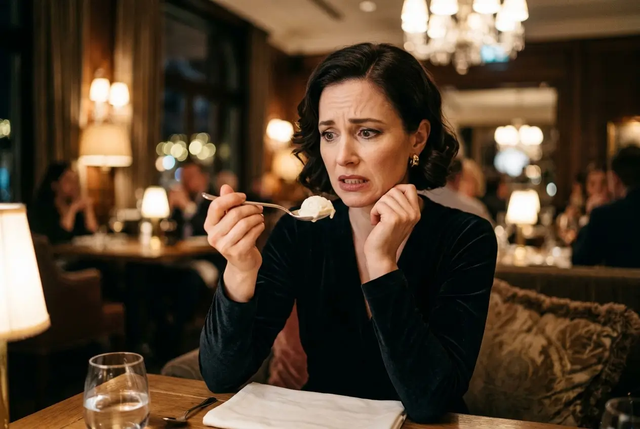 Donna elegante in ristorante con espressione di timore e disagio mentre porta un cucchiaio di gelato alla bocca, rappresentazione del disagio quotidiano causato dalla sensibilità dentale trattata presso lo Studio Odontoiatrico Stere di Lecce