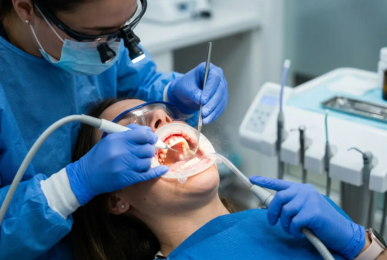 Odontoiatra durante una procedura di rimozione del tartaro e pulizia dentale professionale a Lecce
