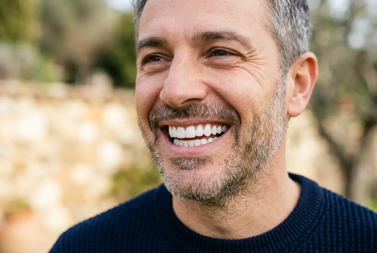 Uomo sorridente con denti bianchi e naturali dopo trattamento con faccette dentali in ceramica presso lo Studio Odontoiatrico Stere di Lecce