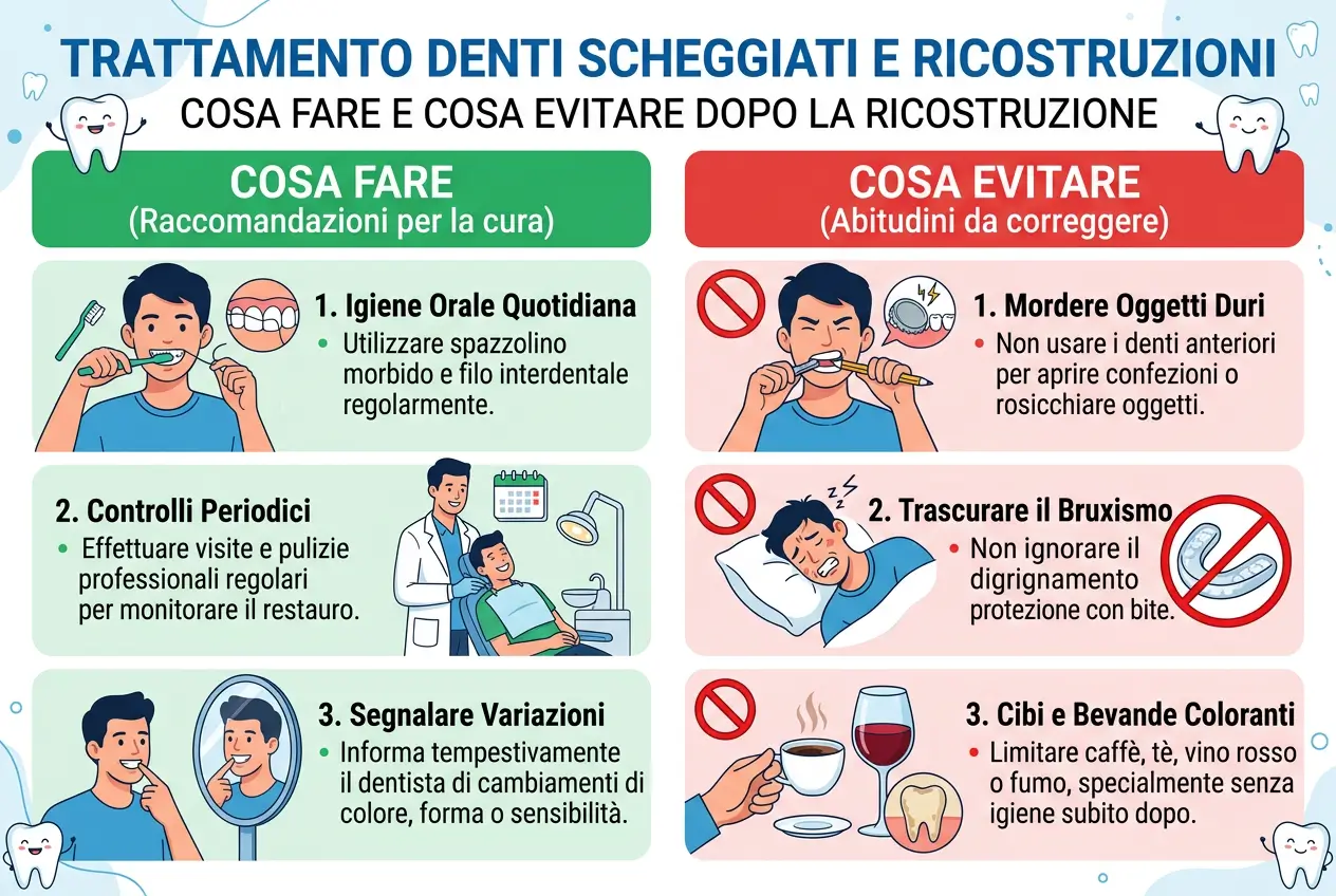 Infographics with advice on what to do and what to avoid after the reconstruction of a tooth splinter at the Studio Odontoiatrico Stere di Lecce