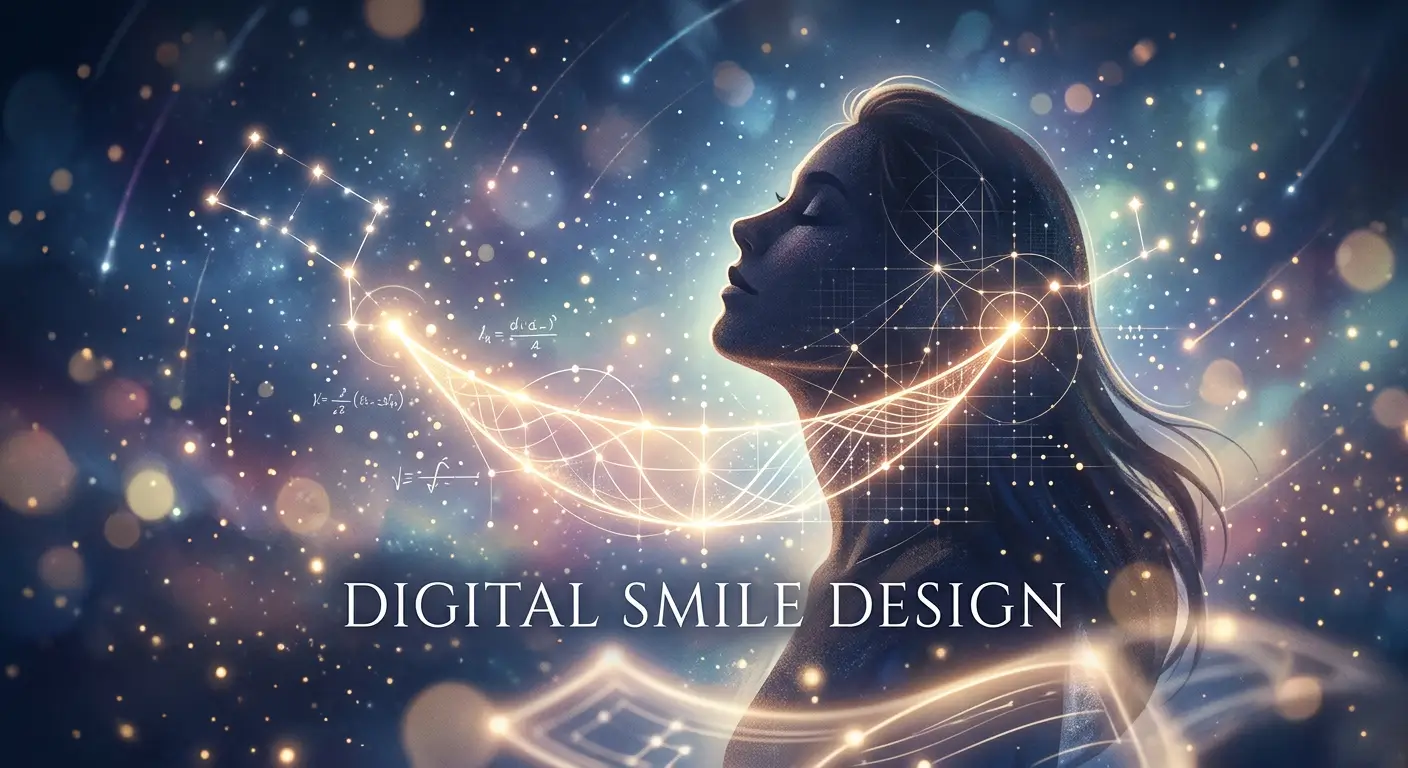 Illustrazione artistica del Digital Smile Design con elementi geometrici e luminosi per rappresentare la progettazione digitale del sorriso
