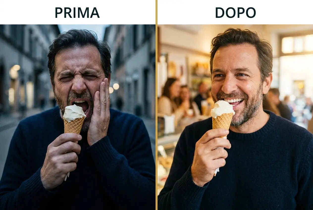 Confronto prima e dopo trattamento della sensibilità dentale presso lo Studio Odontoiatrico Stere di Lecce: a sinistra uomo con espressione di dolore acuto mentre mangia un gelato, a destra stesso uomo che mangia serenamente un gelato sorridendo dopo trattamento della sensibilità dentale