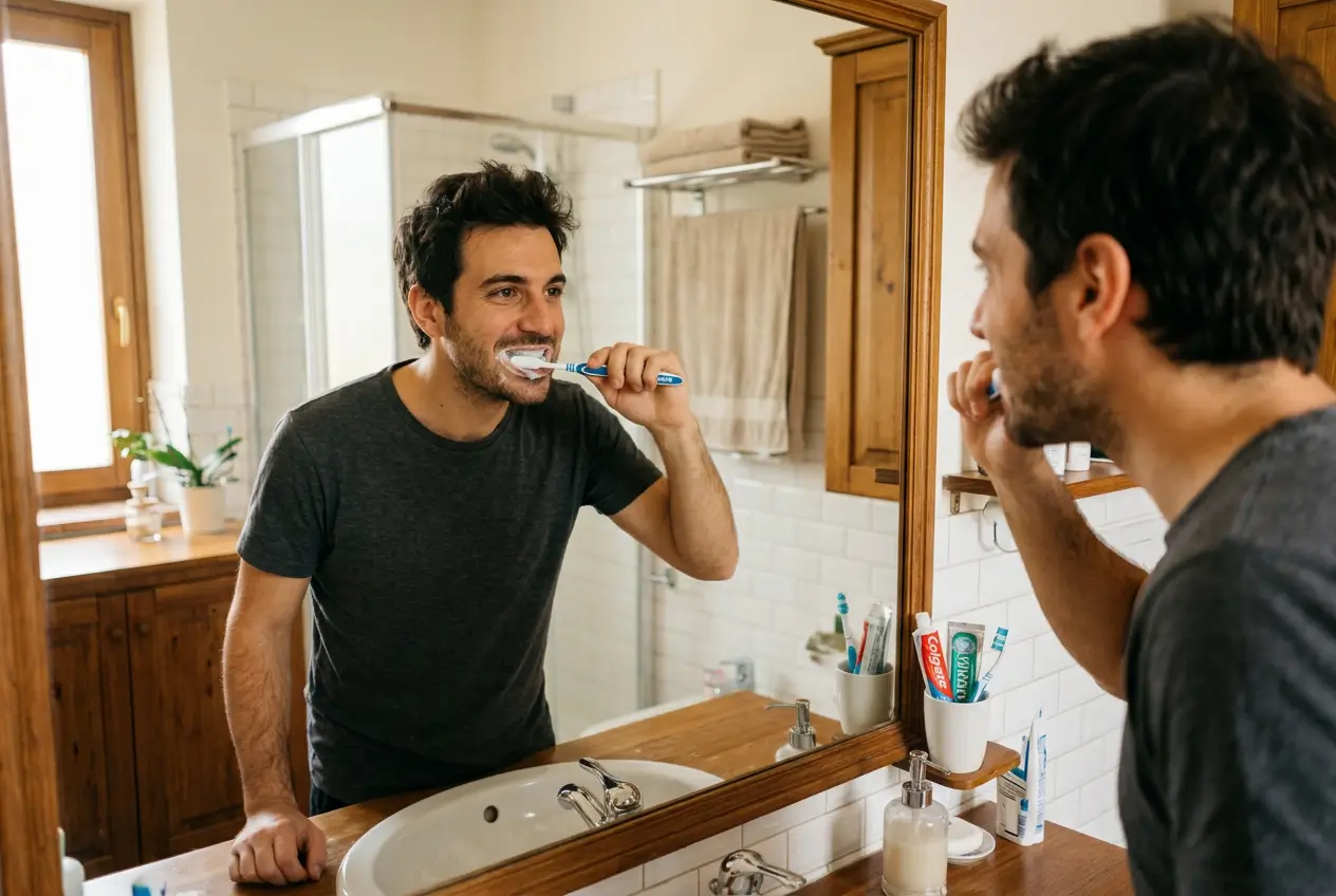 Uomo che si spazzola i denti correttamente allo specchio seguendo le indicazioni dell’igienista dentale dello Studio Odontoiatrico Stere di Lecce