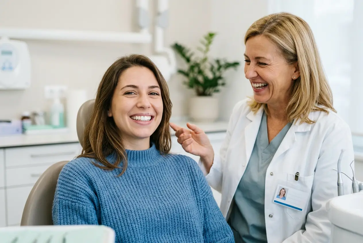 Smiling patient with reconstructed teeth along with the dentist of the Studio Odontoiatrico Stere di Lecce after treatment of dental reconstruction in composite