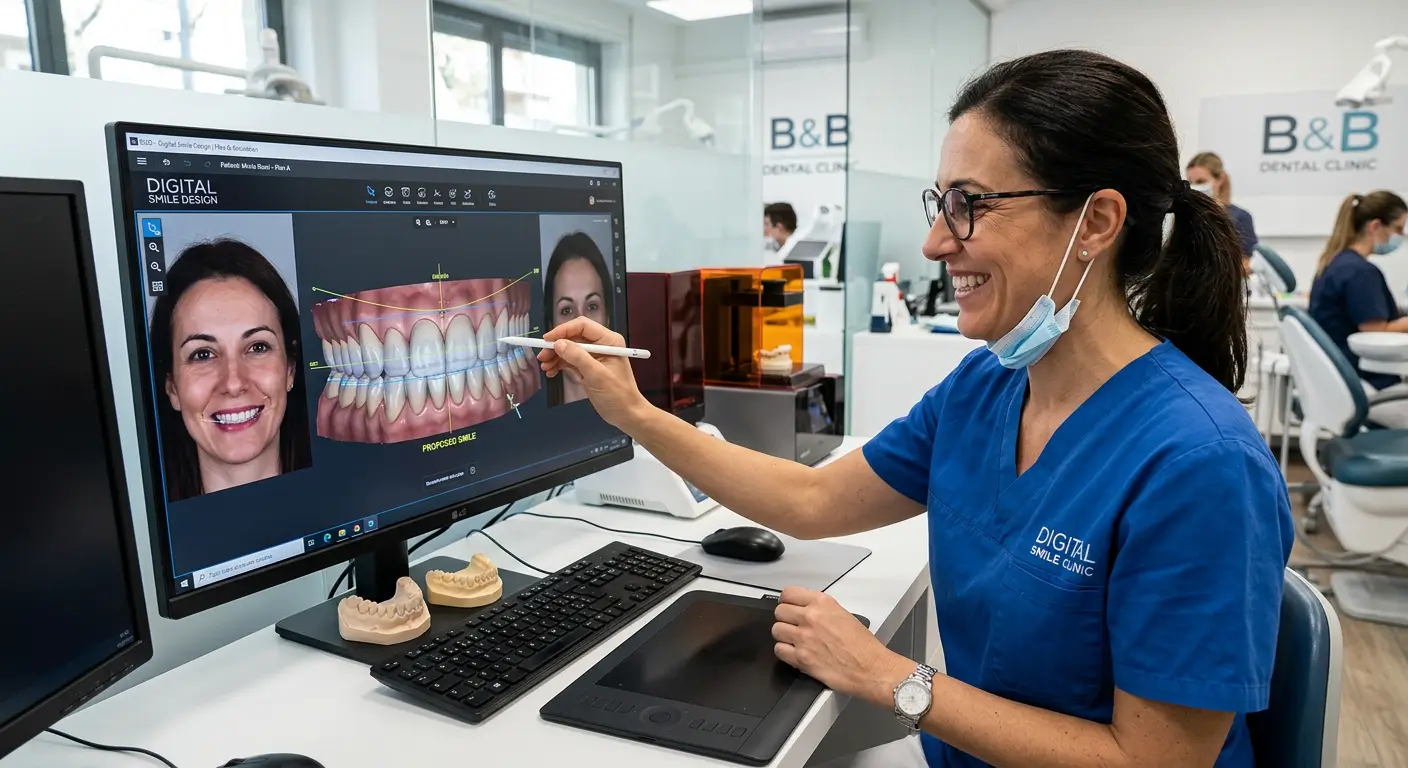 Dentista che utilizza un software Digital Smile Design su monitor per pianificare il sorriso di una paziente presso Studio Stere a Lecce