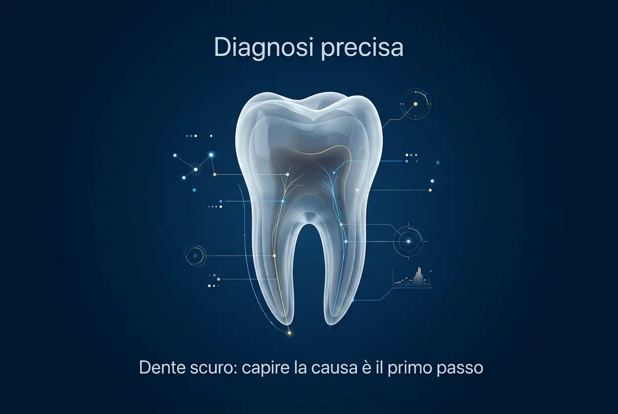 Grafica diagnostica con dente trasparente e analisi digitale per capire la causa di un dente scuro - Studio Odontoiatrico Stere