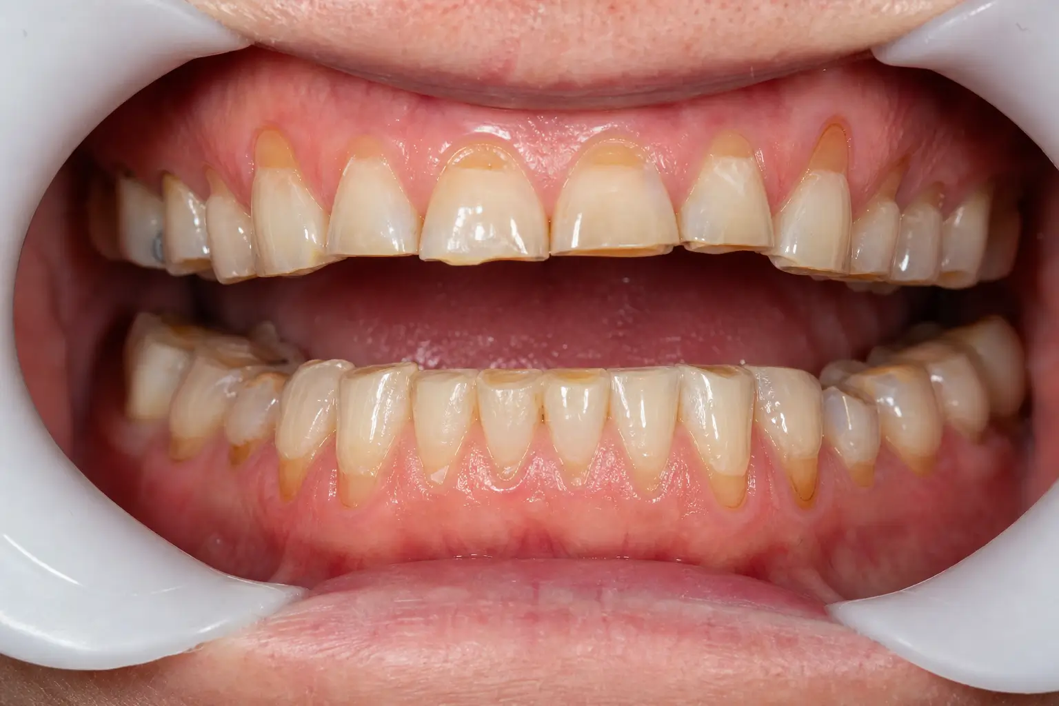 Foto clinica ravvicinata di denti anteriori consumati, smalto assottigliato e bordi incisali usurati, possibile conseguenza del digrignamento notturno. Diagnosi e trattamento del bruxismo a Lecce presso lo Studio Odontoiatrico Stere, Via Giovanni Boccaccio 19 C/D/E — Dott. Nicolò Stefanelli e Dott.ssa Rosanna Renò — studiostere.it