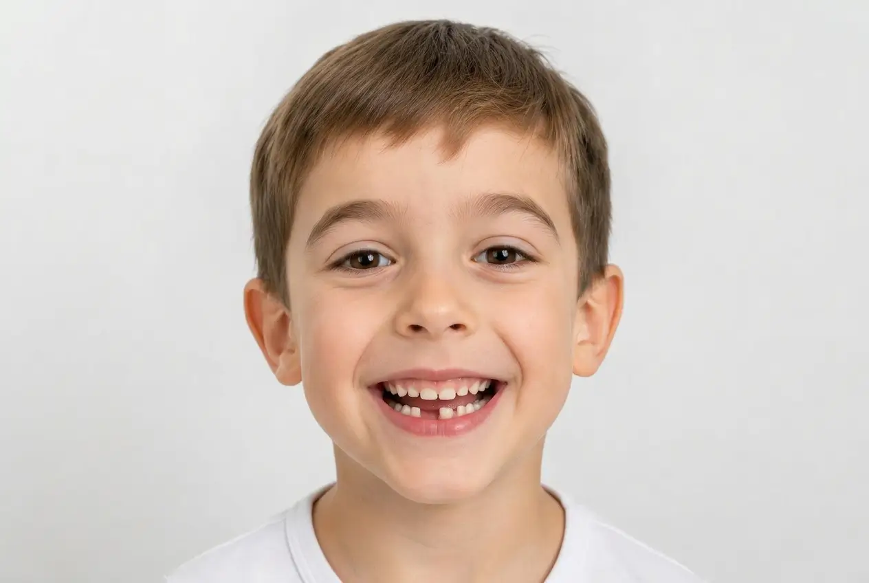 Bambino sorridente che mostra lo spazio lasciato dalla caduta di un dente da latte, con un sorriso naturale e una dentizione mista in fase di ricambio. Quando cadono i denti da latte nei bambini a Lecce? Scopri le tappe della dentizione presso lo Studio Odontoiatrico Stere, in Via Giovanni Boccaccio 19 C/D/E, Lecce, Salento, Puglia — Dott. Nicolò Stefanelli e Dott.ssa Rosanna Renò — studiostere.it