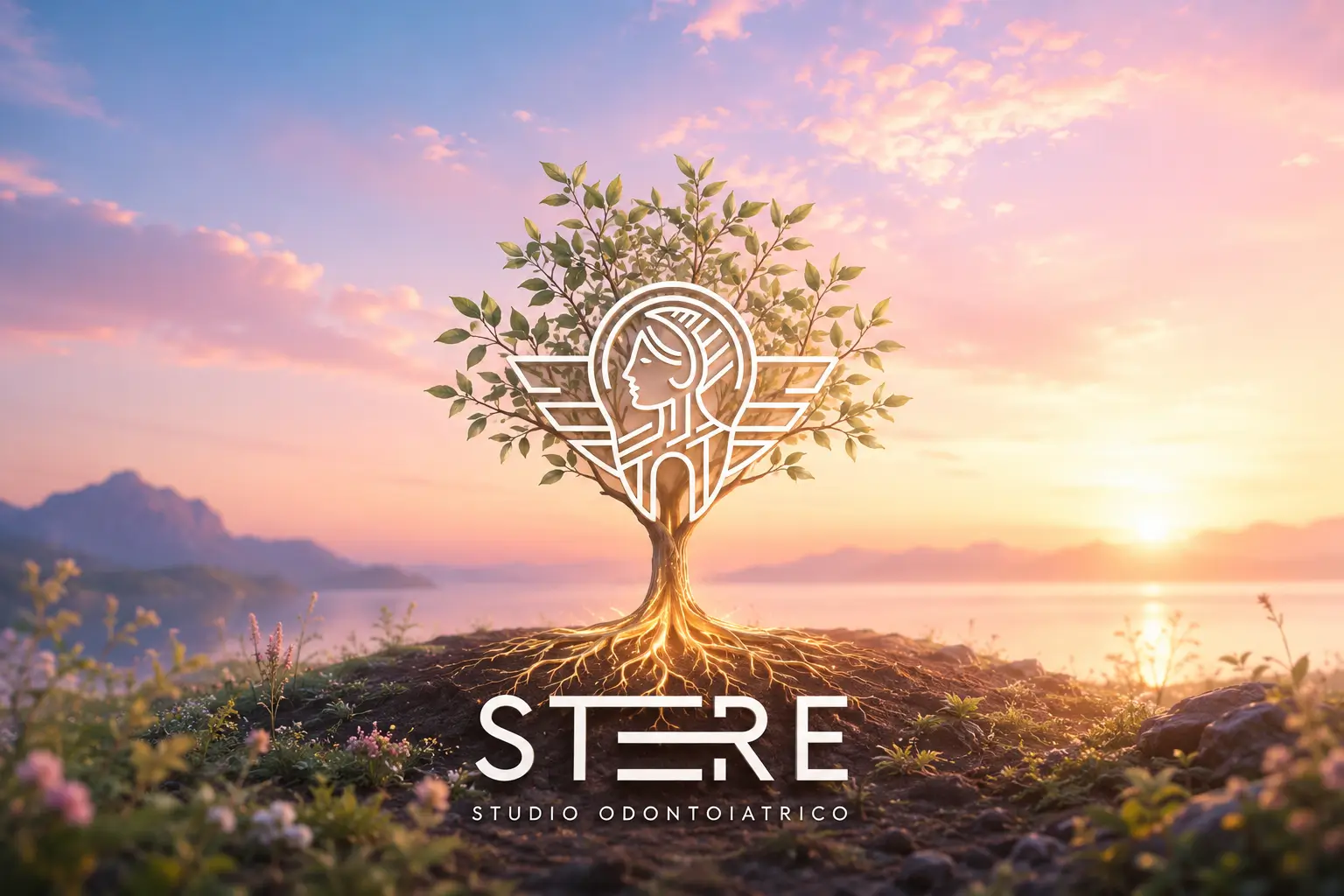 Logo Studio Odontoiatrico Stere integrato in un albero con radici luminose su paesaggio al tramonto – odontoiatra a Lecce, Salento e Puglia, Via Giovanni Boccaccio 19 C/D/E Lecce – studiostere.it