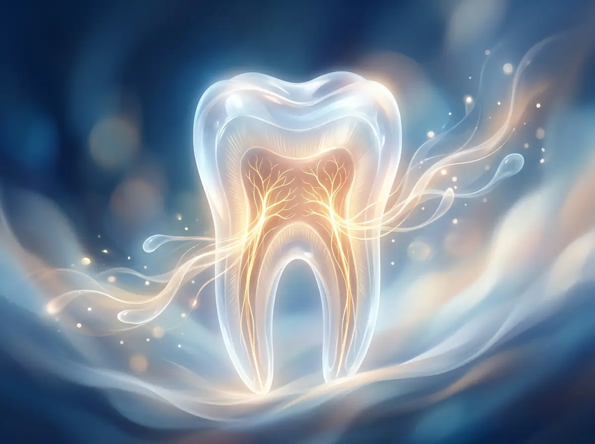 Illustrazione poetica fantasy di un dente trasparente luminoso con canali radicolari e polpa dentale visibili come radici dorate incandescenti su sfondo blu etereo, rappresentazione artistica della struttura interna del dente e del trattamento di devitalizzazione presso lo Studio Odontoiatrico Stere di Lecce