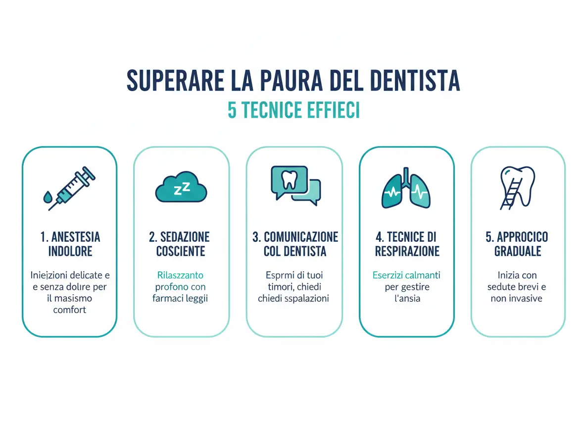 Infografica illustrata delle tecniche utili per affrontare la paura del dentista: anestesia locale, eventuale sedazione cosciente, comunicazione con il dentista, tecniche di respirazione e approccio graduale. Trattamento dell’odontofobia a Lecce, Salento e Puglia presso lo Studio Odontoiatrico Stere, Via Giovanni Boccaccio 19 C/D/E — Dott. Nicolò Stefanelli e Dott.ssa Rosanna Renò — studiostere.it