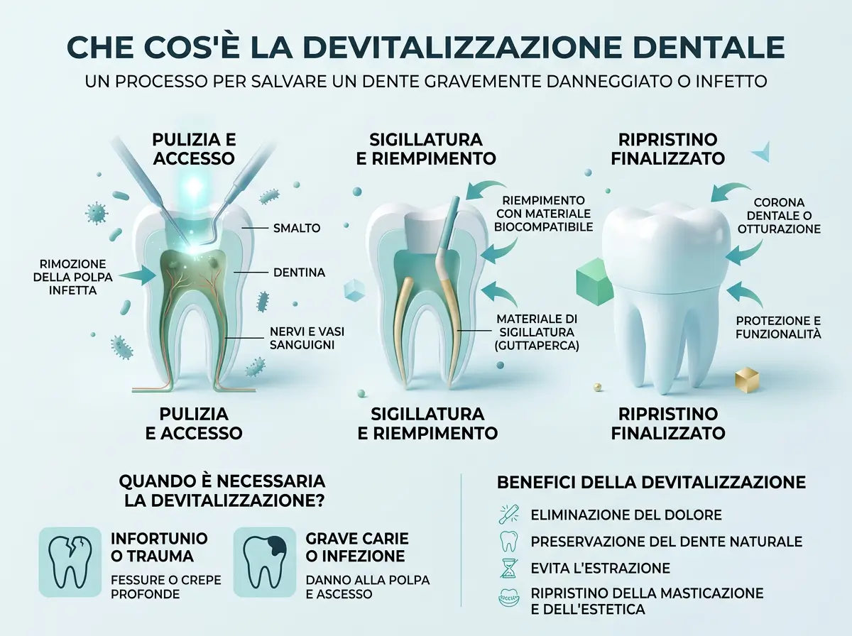 Infografica illustrata delle 3 fasi della devitalizzazione dentale presso lo Studio Odontoiatrico Stere di Lecce: pulizia e accesso con rimozione della polpa infetta, sigillatura e riempimento con guttaperca biocompatibile, ripristino finalizzato con corona dentale o otturazione, con indicazioni su quando è necessaria e benefici del trattamento