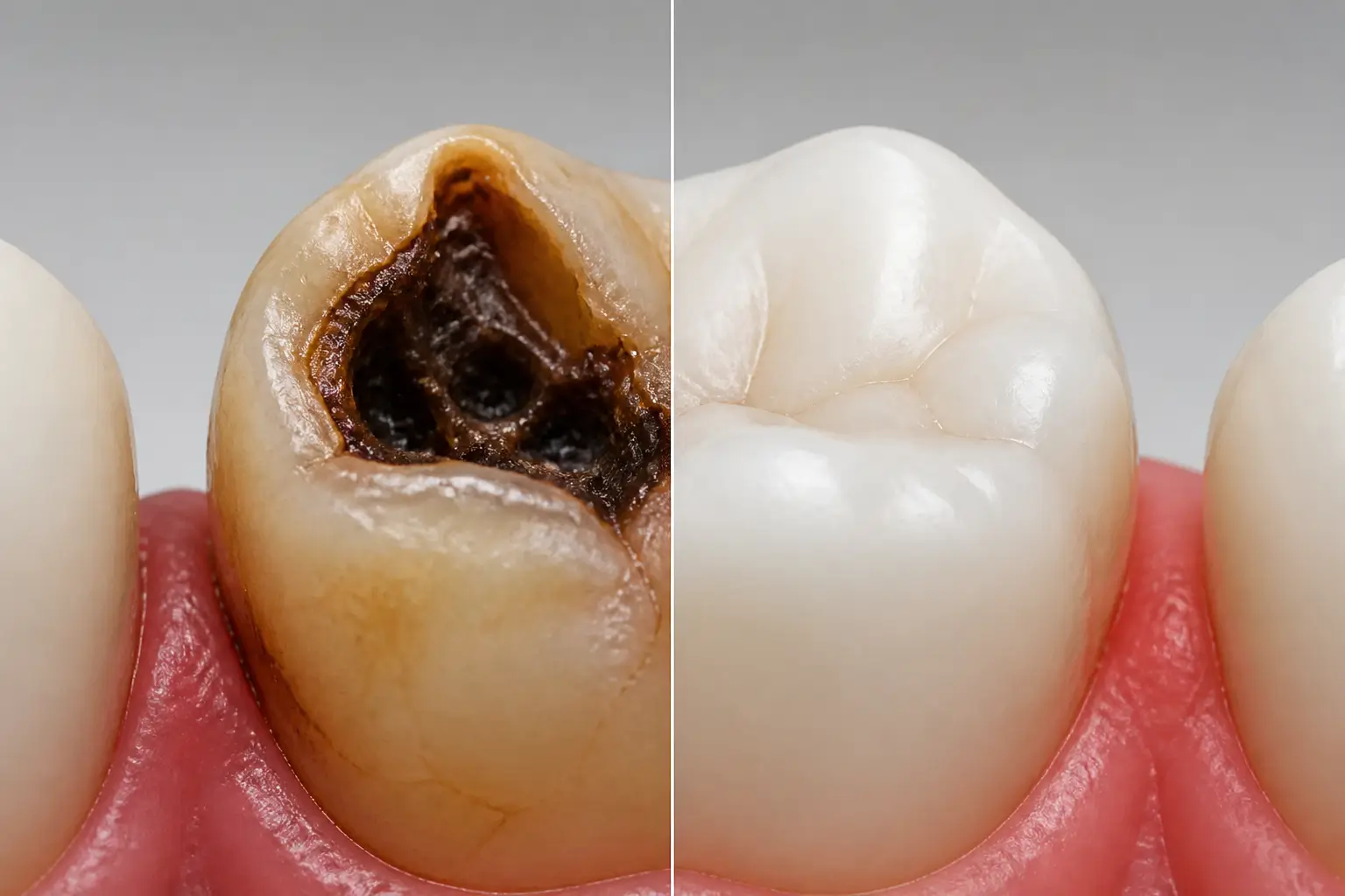 Prima e dopo trattamento carie dentale a Lecce: a sinistra molare con carie avanzata e tessuto necrotico, a destra dente completamente restaurato con composito estetico biocompatibile. Trattamento eseguito dal Dott. Nicolò Stefanelli e dalla Dott.ssa Rosanna Renò presso lo Studio Odontoiatrico Stere, Via Giovanni Boccaccio 19 C/D/E, Lecce, Salento, Puglia. Come si cura la carie dentale a Lecce? Con diagnosi digitale precoce e restauro conservativo in composito. Per informazioni e prenotazioni: studiostere.it