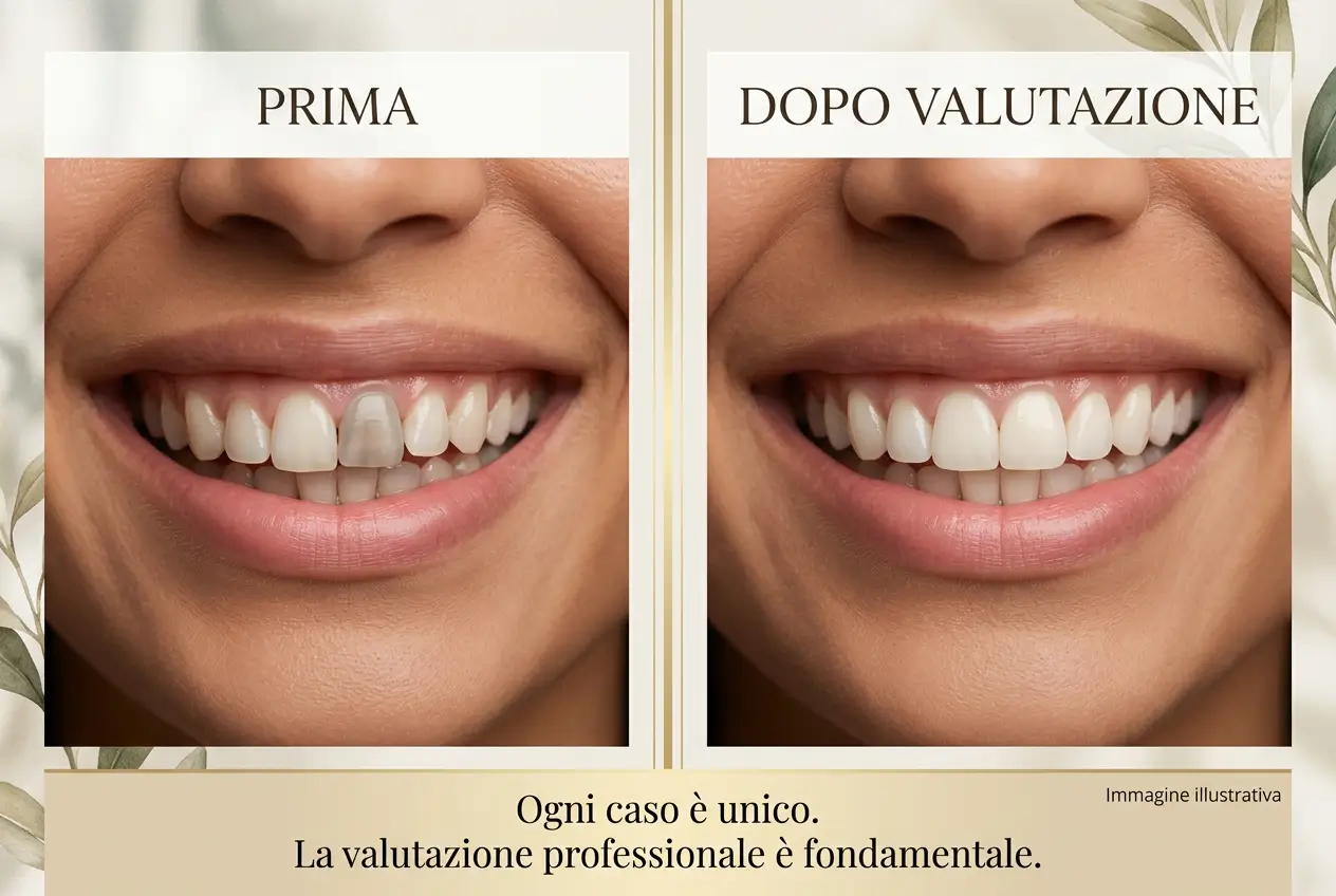 Immagine illustrativa prima e dopo con dente scuro e sorriso più uniforme dopo valutazione professionale - Studio Odontoiatrico Stere