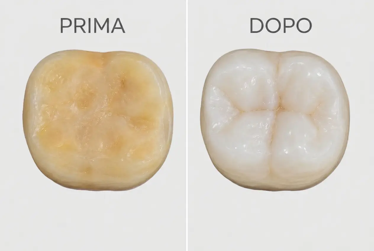 Prima e dopo il restauro di un molare usurato da bruxismo: a sinistra superficie occlusale consumata, a destra dente ricostruito con superficie anatomica ripristinata. Trattamento riabilitativo del bruxismo a Lecce presso lo Studio Odontoiatrico Stere.