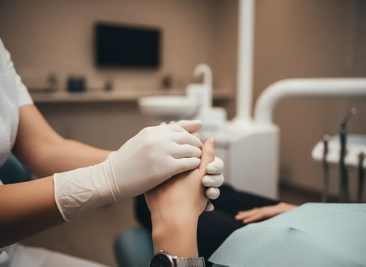 Dentista con guanti chirurgici bianchi che stringe delicatamente la mano di un paziente sulla poltrona dello studio, gesto di rassicurazione e fiducia verso i pazienti con paura del dentista. Come si supera l’ansia dal dentista a Lecce? Con ascolto, empatia e un approccio graduale presso lo Studio Odontoiatrico Stere, Via Giovanni Boccaccio 19 C/D/E, Lecce, Salento, Puglia — studiostere.it