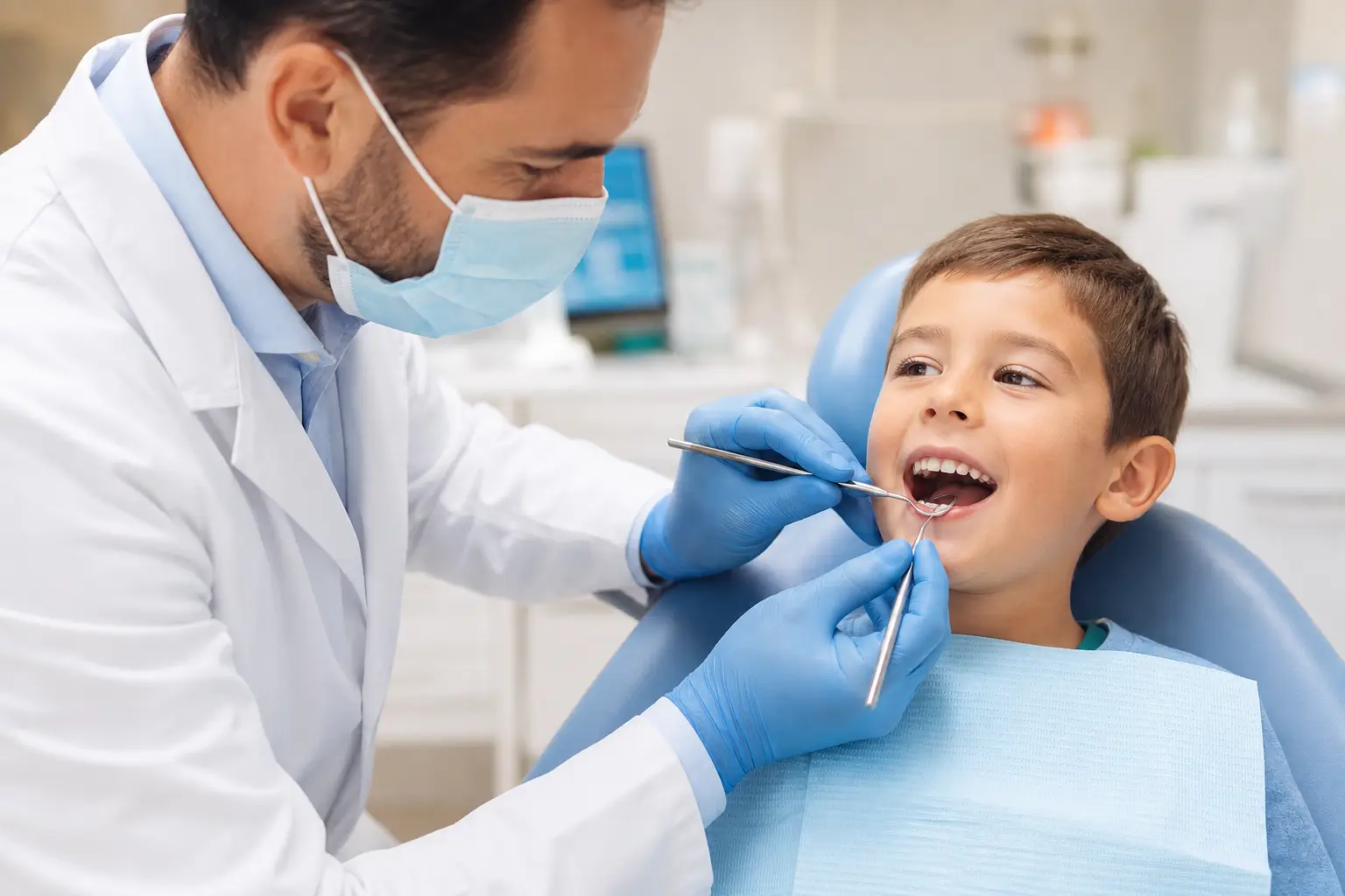 Dentista con camice bianco e guanti blu che esamina i denti da latte di un bambino sorridente e collaborativo sulla poltrona dello studio dentistico. Come avviene il controllo dei denti da latte a Lecce? Attraverso un approccio delicato e rassicurante presso lo Studio Odontoiatrico Stere, in Via Giovanni Boccaccio 19 C/D/E, Lecce, Salento, Puglia — Dott. Nicolò Stefanelli e Dott.ssa Rosanna Renò — studiostere.it