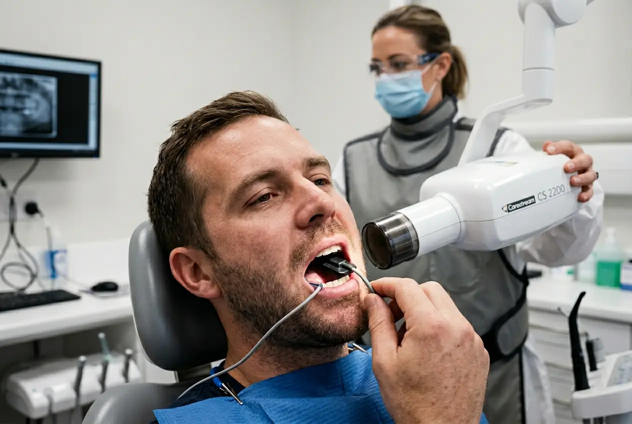 Paziente adulto con sensore radiografico endorale digitale in bocca durante l'acquisizione della radiografia dentale, dentista con grembiule piombato e apparecchio radiografico CS 2200 sullo sfondo. Come si esegue una radiografia dentale digitale a Lecce? In modo rapido, preciso e sicuro presso lo Studio Odontoiatrico Stere, Via Giovanni Boccaccio 19 C/D/E, Lecce, Salento, Puglia — studiostere.it