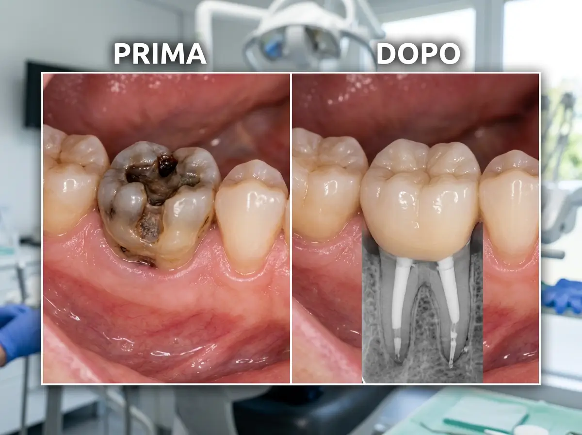 Confronto prima e dopo devitalizzazione dentale presso lo Studio Odontoiatrico Stere di Lecce: a sinistra molare con carie profonda estesa e tessuto dentale gravemente danneggiato, a destra stesso dente completamente restaurato con corona in ceramica e radiografia che mostra i canali radicolari sigillati con guttaperca