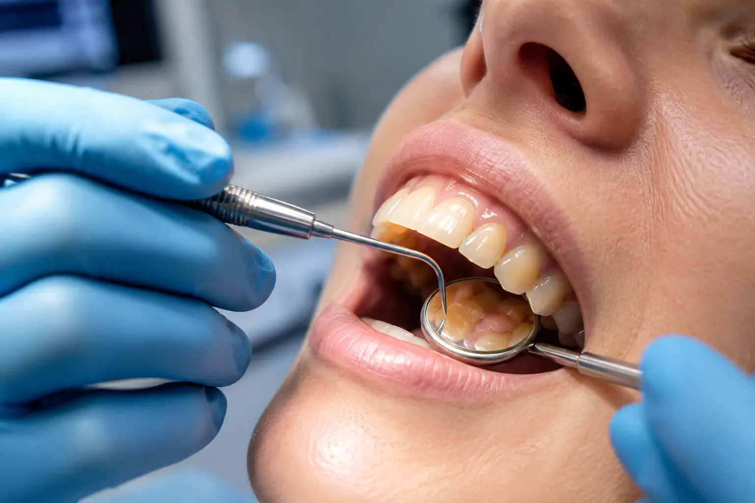 Visita odontoiatrica con controllo dello smalto dentale, utile per valutare erosione dentale, sensibilità e salute orale presso lo Studio Odontoiatrico Stere a Lecce.