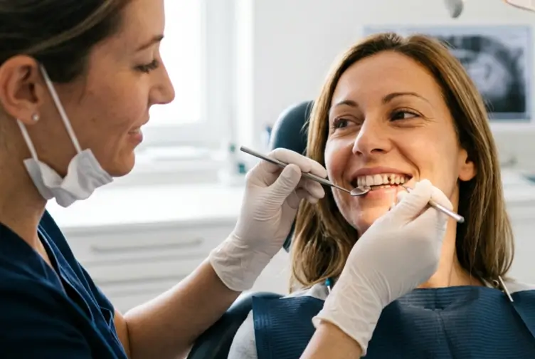 Dentista durante valutazione del sorriso e controllo di un possibile dente scuro in studio odontoiatrico - Studio Odontoiatrico Stere