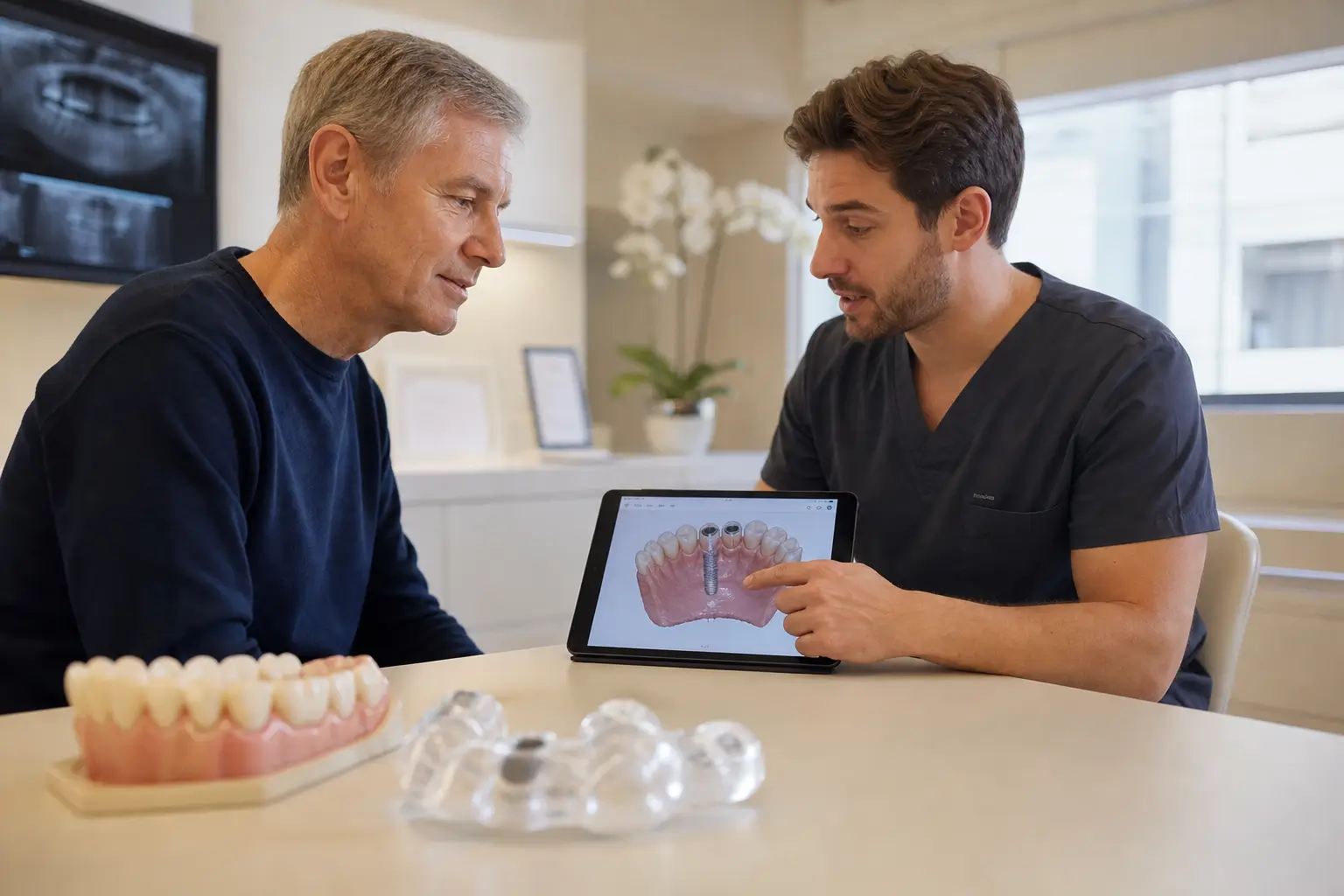 Dentist and patient observe on tablets the 3D simulation of dental implants during a digital implantation - Studio Odontoiatrico Stere Lecce