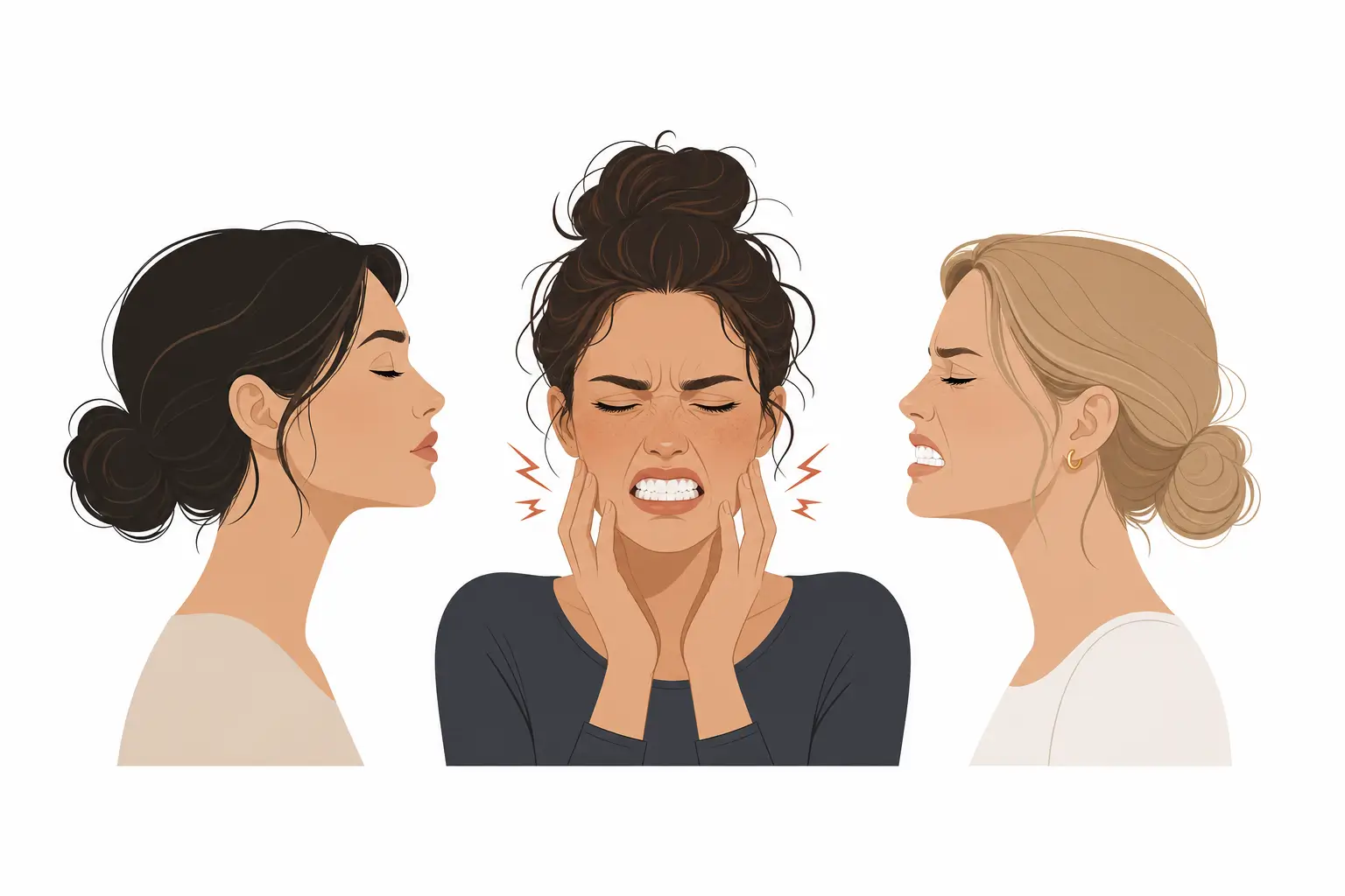 Illustrazione di tre persone che rappresentano sintomi del bruxismo: serramento involontario dei denti, dolore alla mandibola e tensione muscolare al viso. Riconoscere i sintomi del bruxismo a Lecce presso lo Studio Odontoiatrico Stere.