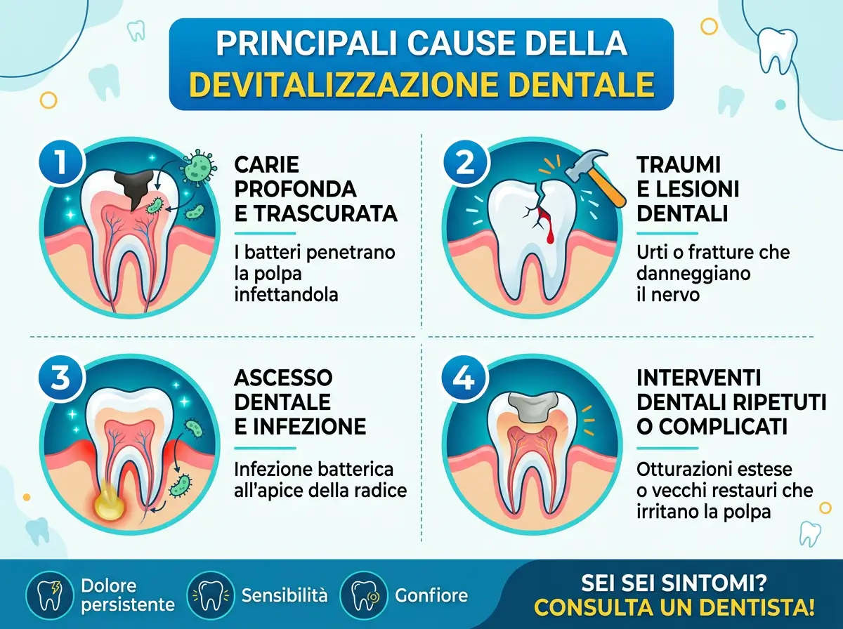 Infografica delle 4 principali cause della devitalizzazione dentale presso lo Studio Odontoiatrico Stere di Lecce: carie profonda e trascurata con batteri che infettano la polpa, traumi e lesioni dentali, ascesso dentale e infezione all'apice della radice, interventi dentali ripetuti o complicati con restauri che irritano la polpa
