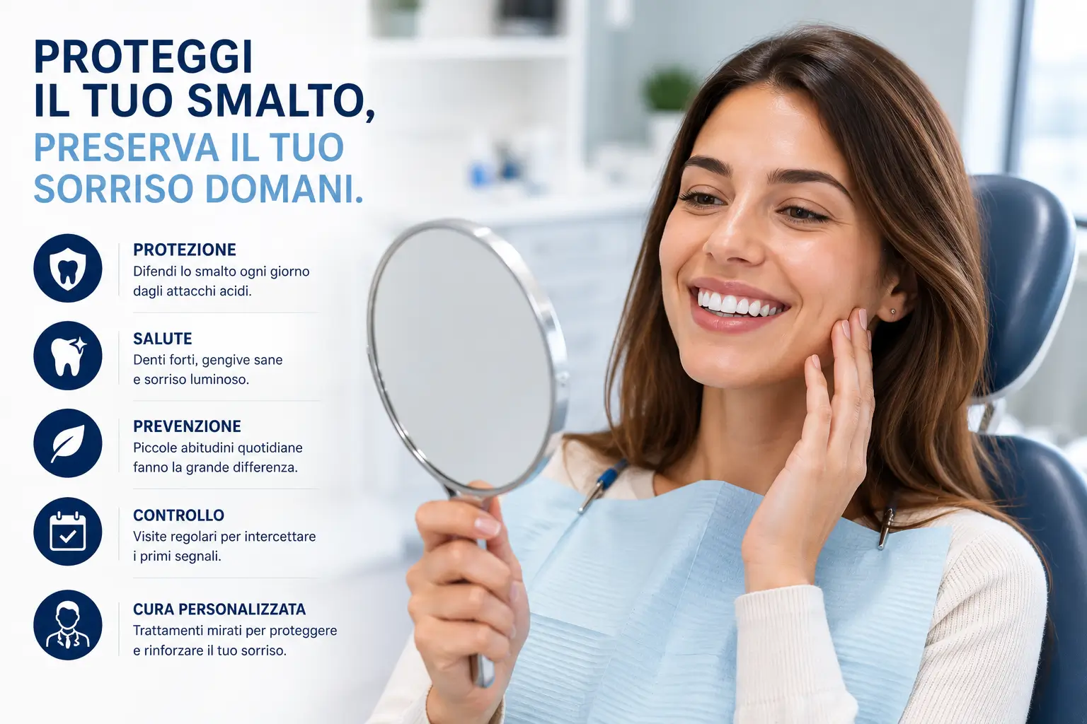 Paziente durante controllo odontoiatrico per protezione dello smalto, prevenzione dell’erosione dentale e valutazione della salute orale presso lo Studio Odontoiatrico Stere a Lecce.