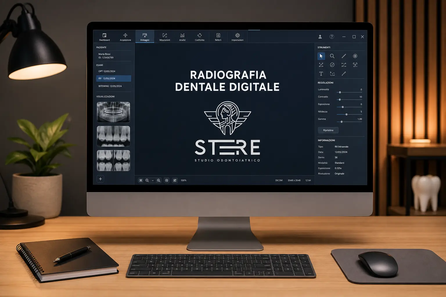 Schermo di computer con software diagnostico radiografico dello Studio Odontoiatrico Stere di Lecce, con panoramica dentale, bitewing e RX intraorale del paziente visualizzati in alta risoluzione. Diagnostica radiografica digitale avanzata a Lecce, Salento e Puglia — Studio Odontoiatrico Stere, Via Giovanni Boccaccio 19 C/D/E — Dott. Nicolò Stefanelli e Dott.ssa Rosanna Renò — studiostere.it