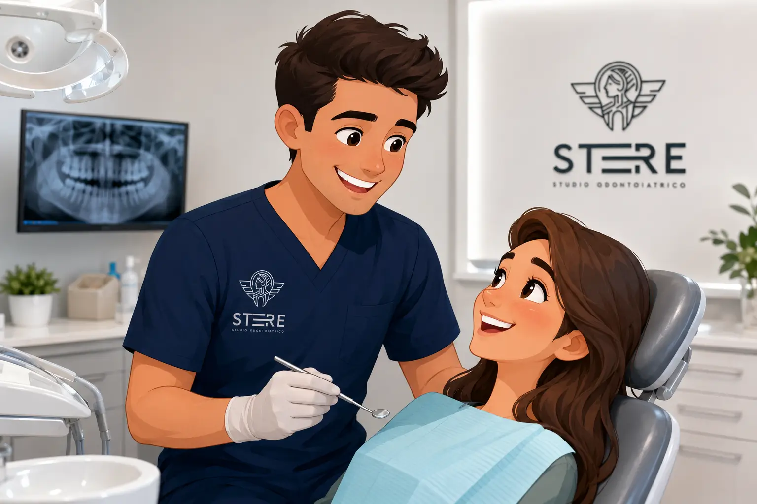 Illustrazione di un odontoiatra dello Studio Stere che visita una paziente sorridente sulla poltrona in uno studio dentistico moderno con radiografia panoramica sullo schermo – Studio Odontoiatrico Stere, Via Giovanni Boccaccio 19 C/D/E Lecce