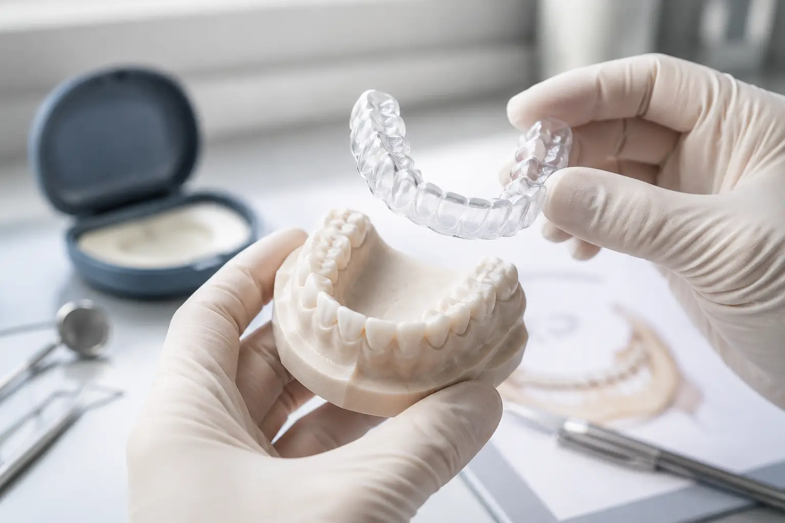 Mani con guanti mostrano un bite trasparente su misura sopra un modello dentale durante valutazione odontoiatrica presso Studio Odontoiatrico Stere
