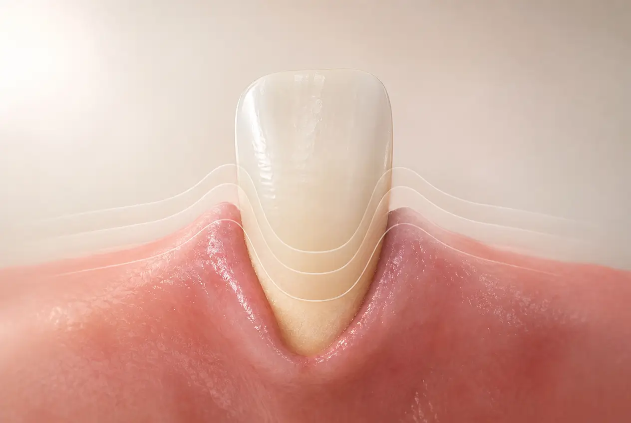 Illustrazione della recessione gengivale con esposizione progressiva della radice del dente e abbassamento delle gengive