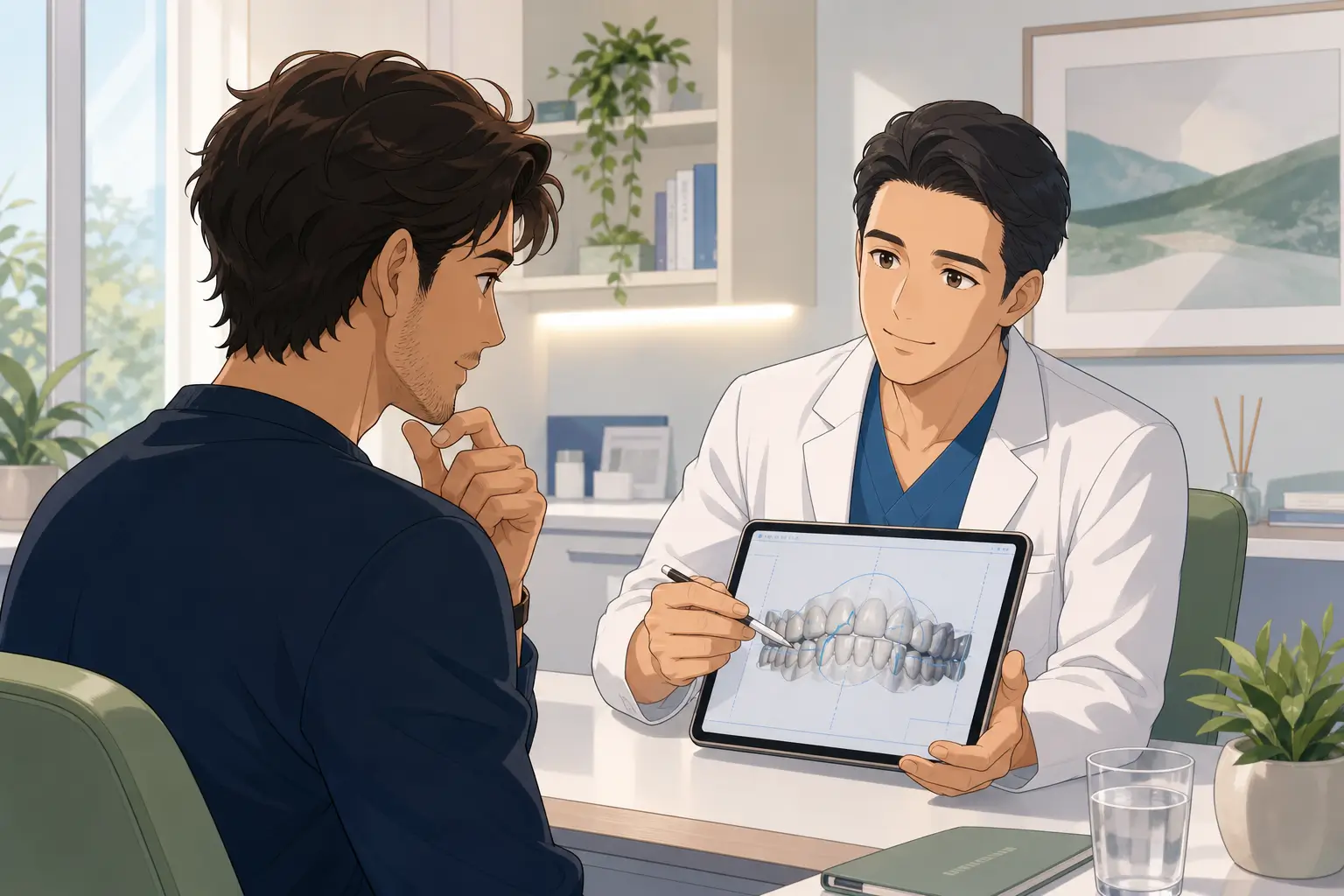 Illustrazione anime con dentista che mostra su tablet una scansione digitale del sorriso a un adulto con denti storti durante valutazione ortodontica
