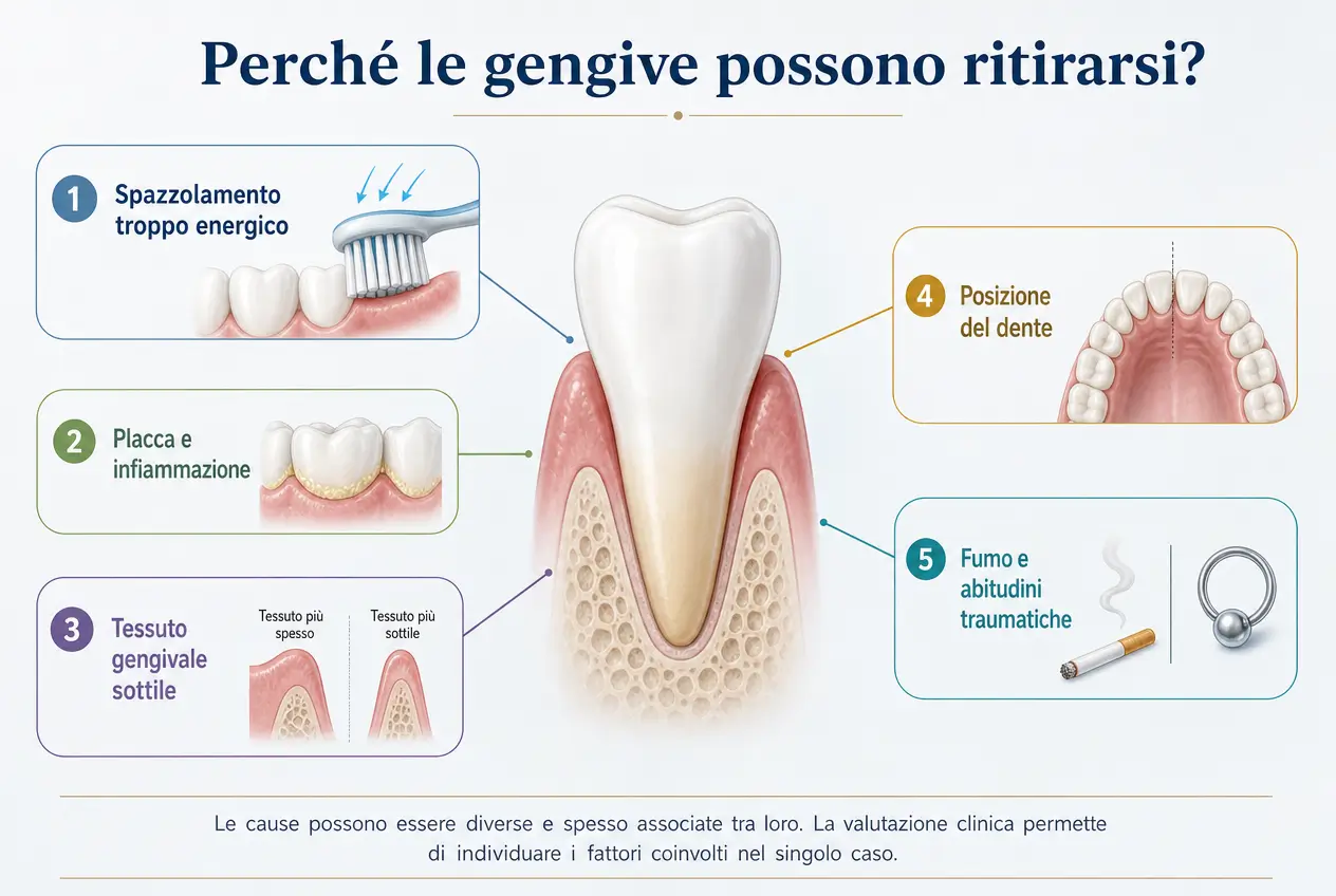 Infografica sulle principali cause delle gengive ritirate: spazzolamento aggressivo, placca, tessuto gengivale sottile, posizione del dente e fumo