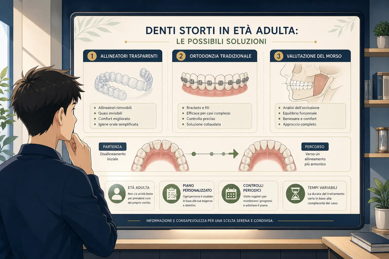 Infografica anime sulle possibili soluzioni per denti storti negli adulti con allineatori trasparenti, ortodonzia tradizionale e valutazione del morso