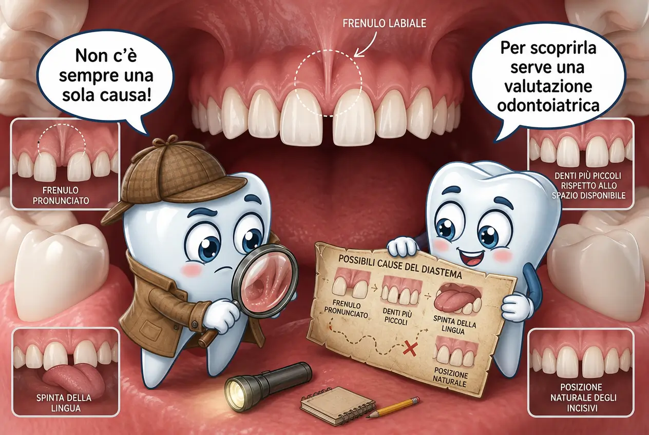 Infografica sulle possibili cause del diastema dentale, tra frenulo labiale, denti piccoli, spinta della lingua e posizione degli incisivi