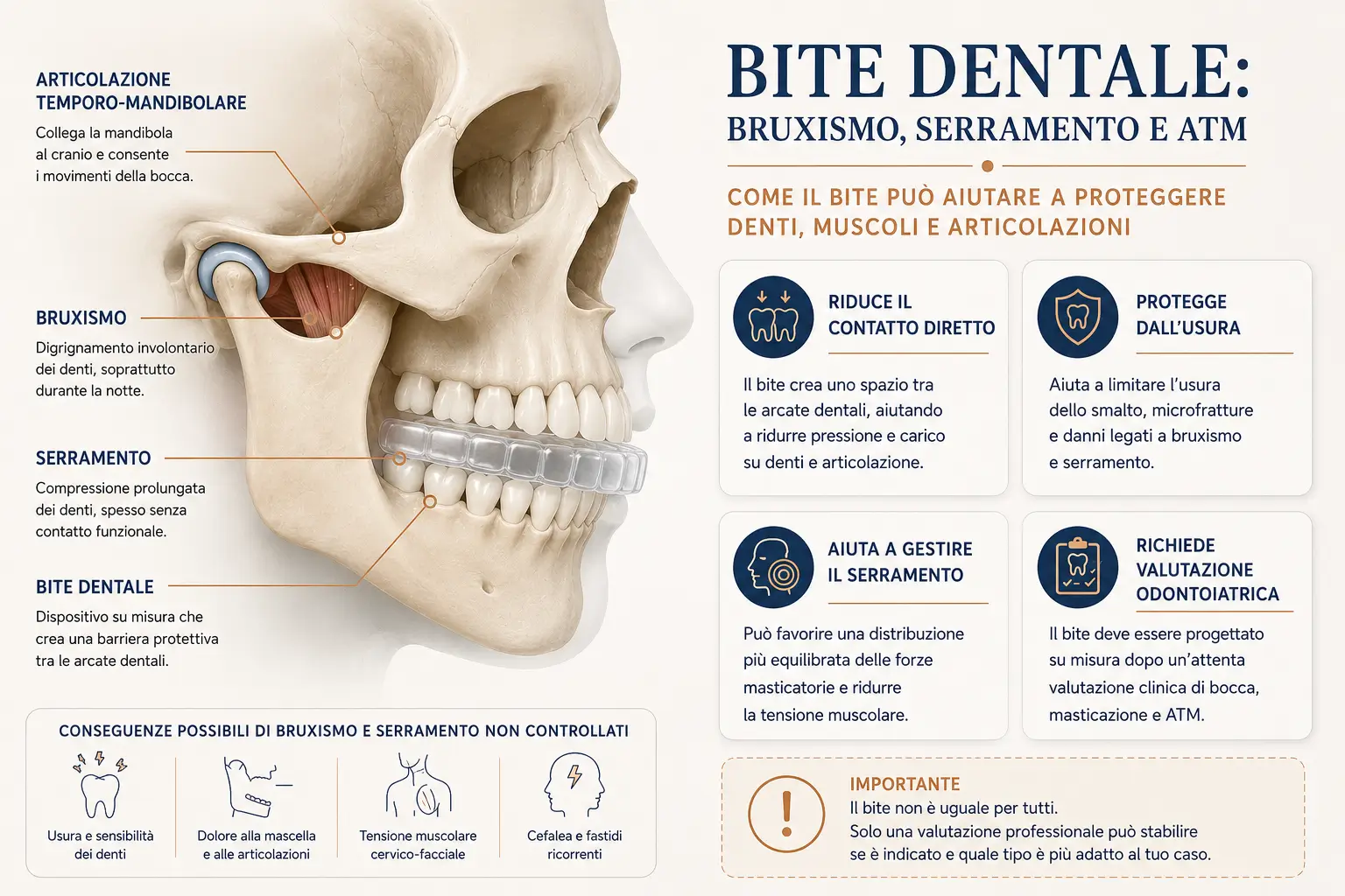 Infografica sul bite dentale collegato a bruxismo, serramento, articolazione temporo-mandibolare, usura dei denti e valutazione odontoiatrica