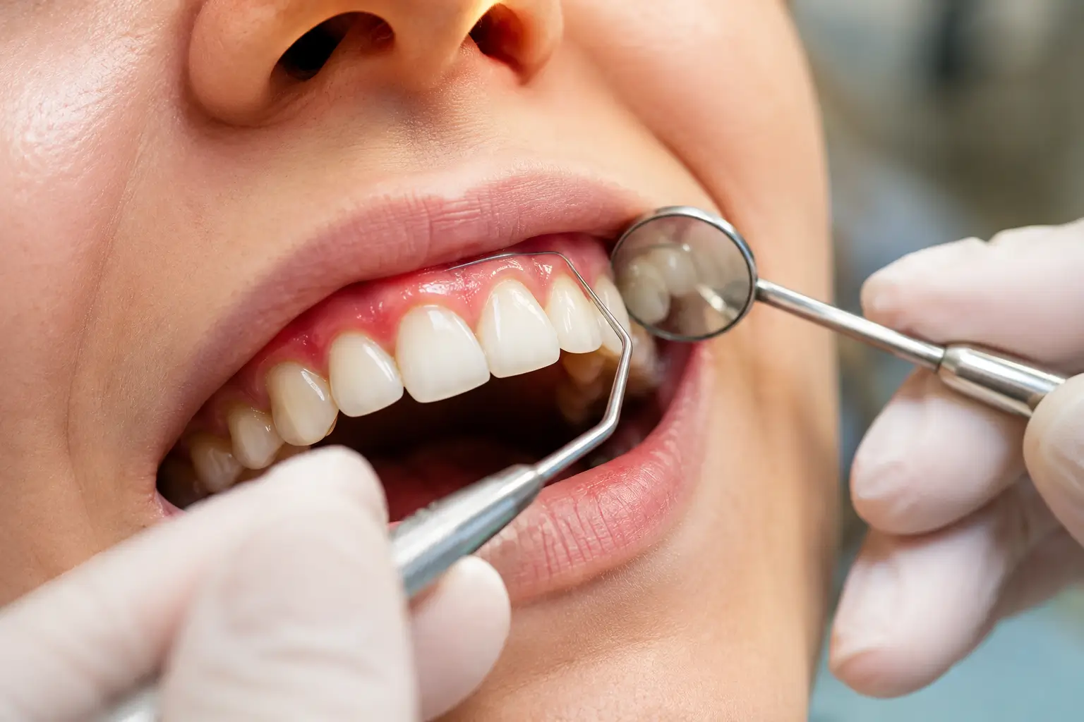 Dentista durante controllo ravvicinato delle gengive con specchietto e sonda odontoiatrica per valutare arrossamento, infiammazione gengivale e salute orale