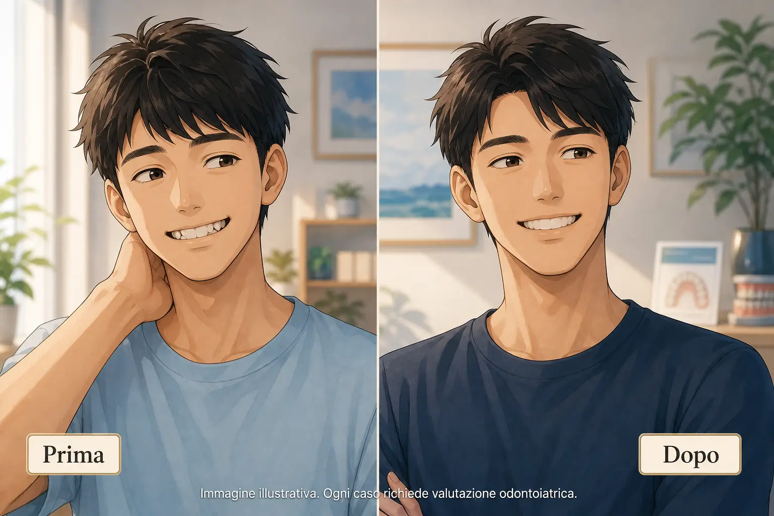 Immagine illustrativa prima e dopo di adulto con denti storti e sorriso più allineato dopo percorso ortodontico personalizzato