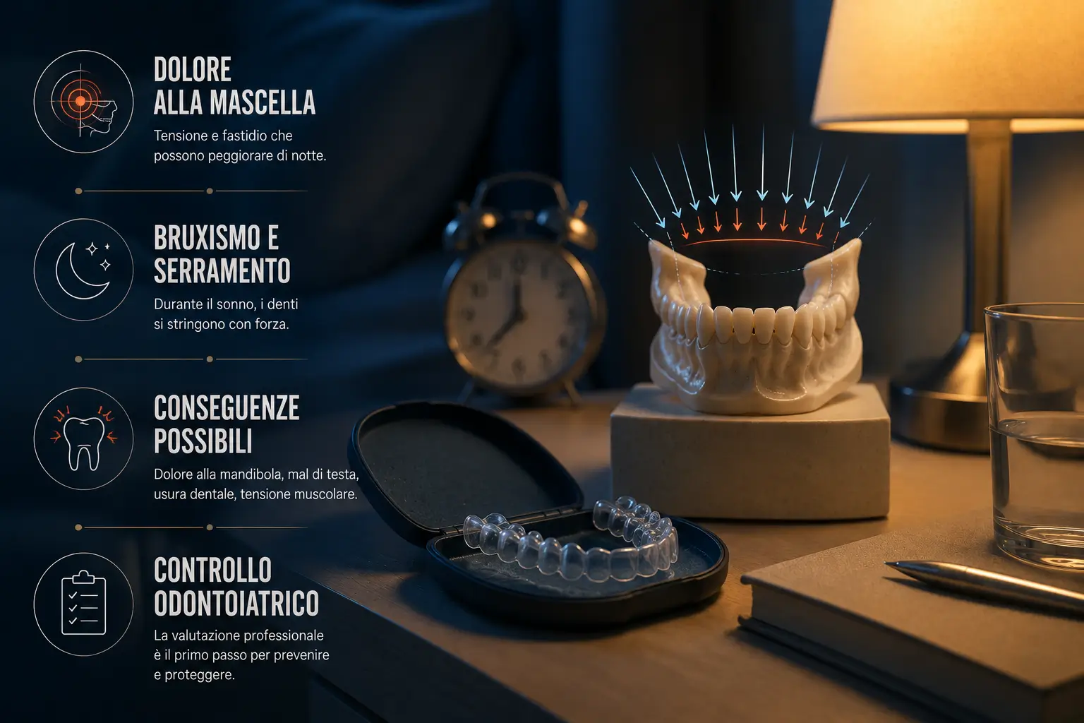 Grafica notturna con bite trasparente, mandibola e indicazioni su dolore alla mascella, bruxismo, serramento e controllo odontoiatrico