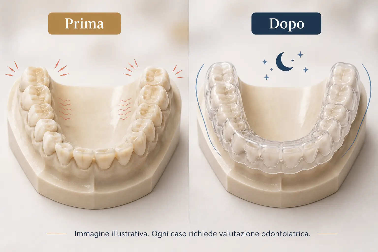 Immagine illustrativa prima e dopo con arcata dentale, segni di serramento e bite trasparente per protezione notturna dopo valutazione odontoiatrica