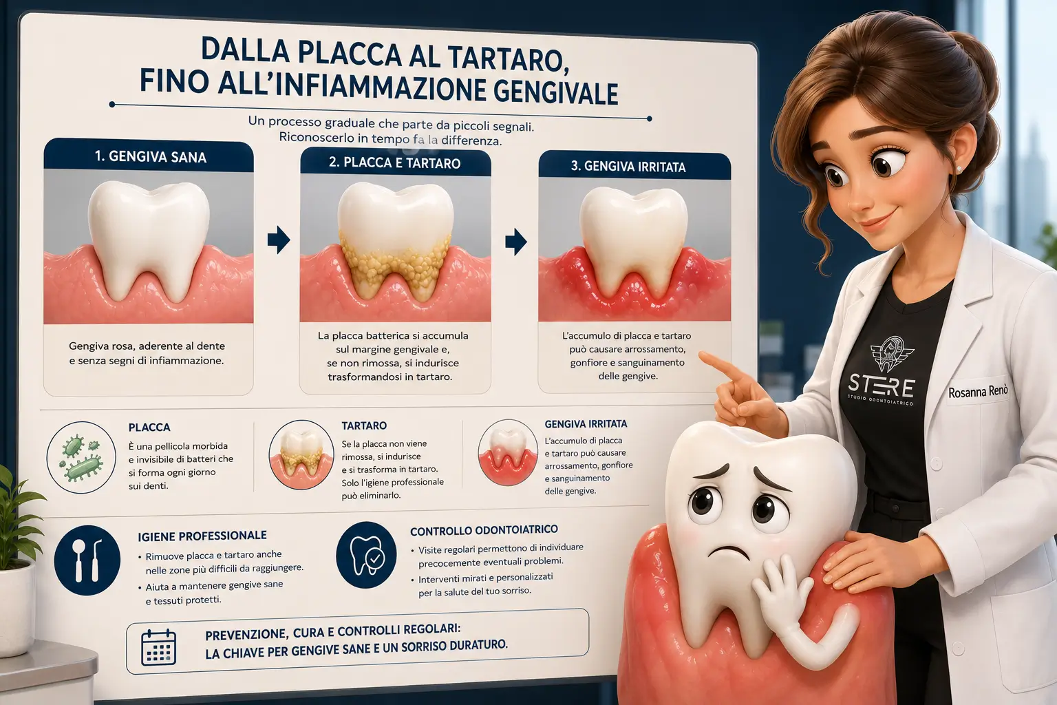 Infografica con dottoressa e dente illustrato che spiega il passaggio da gengiva sana a placca, tartaro e infiammazione gengivale con controllo odontoiatrico