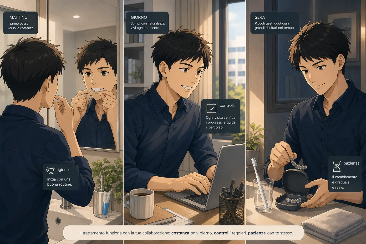 Illustrazione anime del percorso quotidiano con allineatori trasparenti, igiene orale, controlli periodici e costanza nel trattamento ortodontico